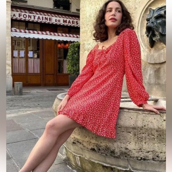 Faithfull the Brand Red Calla Long Sleeve mini dress XS - Picture 2 of 9